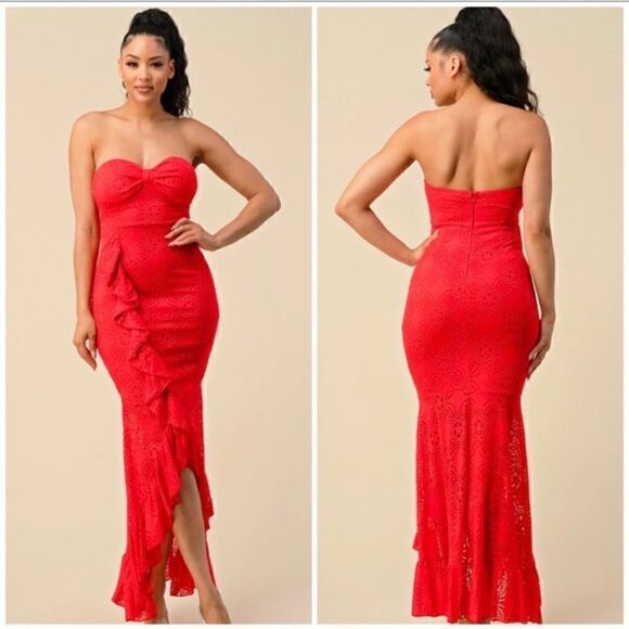 Lipstick Red Long Lace Formal Gown Strapless Flowy Maxi Dress - Picture 5 of 8